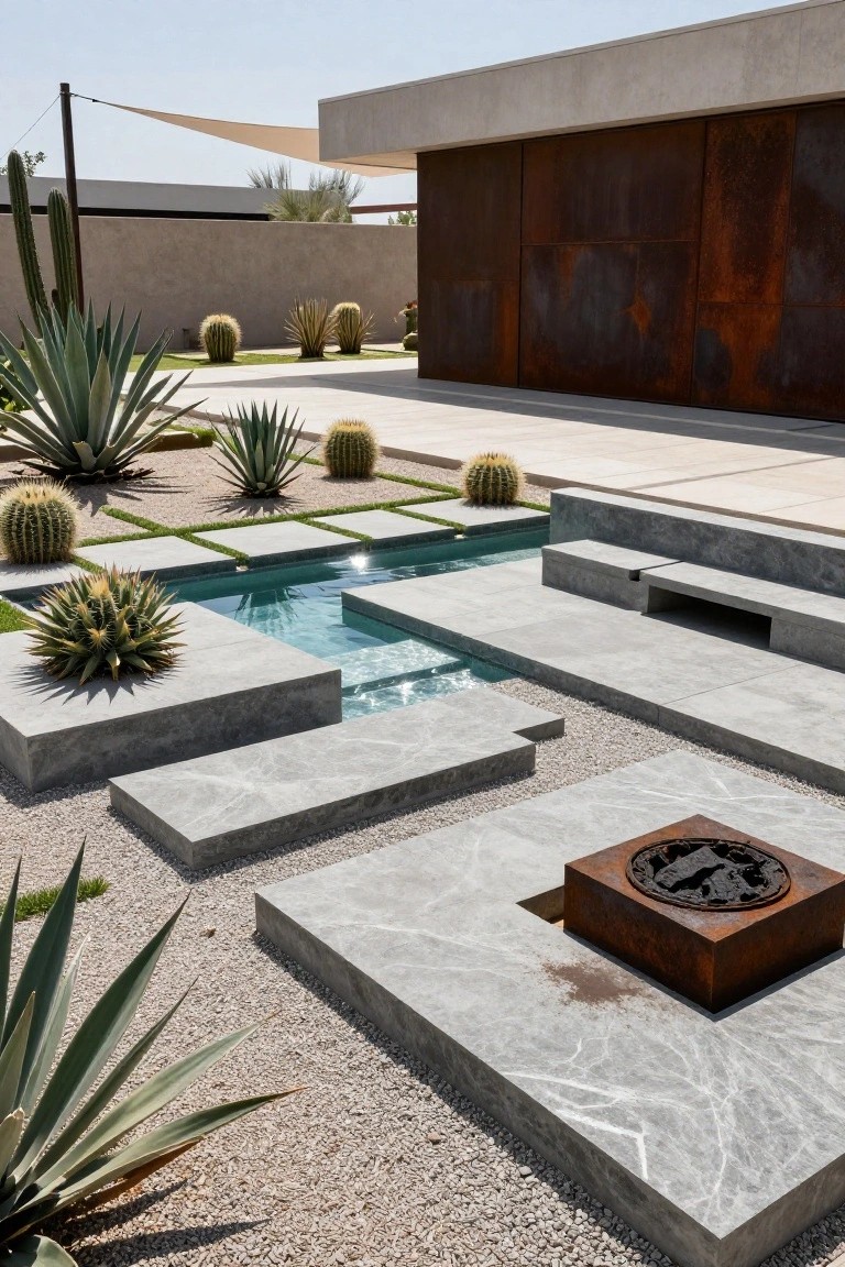 Modern outdoor pool area with gray stone platforms stepping around a small rectangular inground pool, white gravel ground cover, various cacti and agave plants, a square metal fire pit, built-in bench, and beige house facade with rusted metal panels in the background.