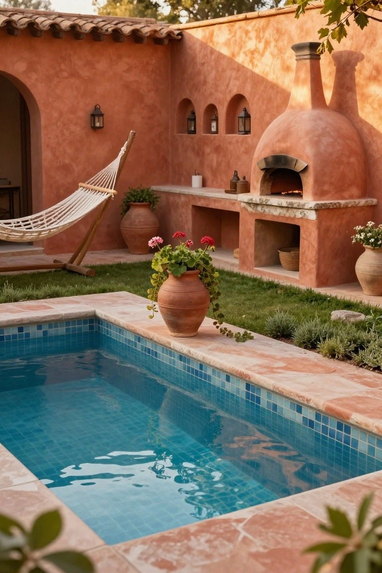 Small rectangular inground pool with blue mosaic tiles and terracotta coping, bordered by grass and plants, next to a hammock, wood oven, and potted greenery in a terracotta-walled courtyard.