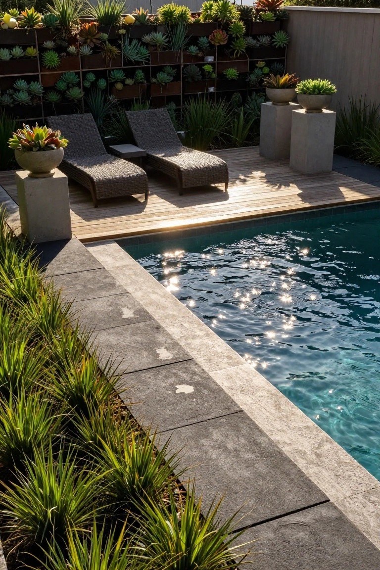 Inground pool edged in dark stone pavers with a strip of green grass, wooden deck with woven loungers, concrete pedestals holding potted plants, and a tall fence covered in vertical metal planters filled with various succulents.