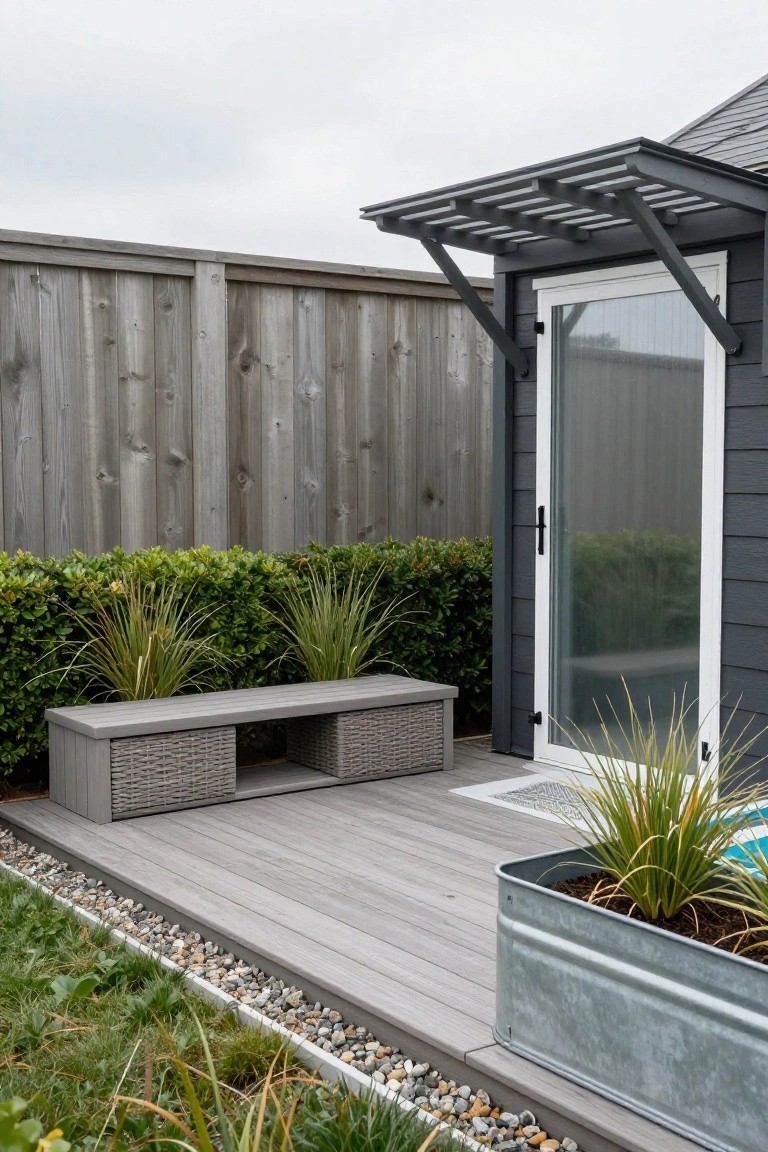 Gray composite deck with a bench featuring two wicker storage drawers underneath, flanked by potted ornamental grasses, next to a dark shed with glass door, a galvanized metal planter, gravel border, and wooden fence.