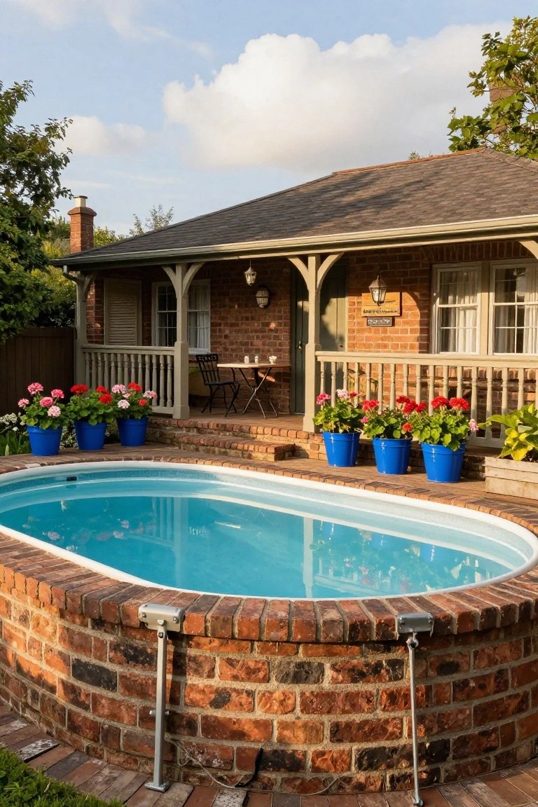 Oval above-ground pool with white liner surrounded by brick walls next to a brick house featuring a covered porch with wooden furniture and blue pots of red geraniums.