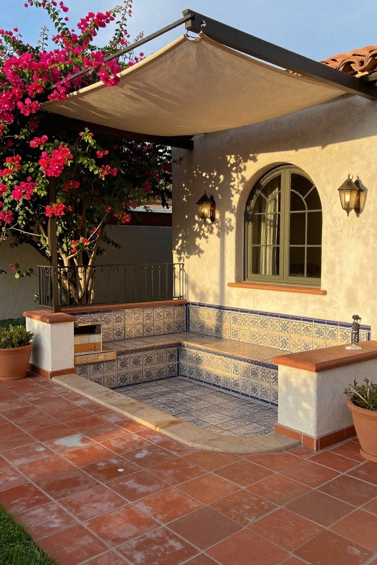 Above-ground pool with curved built-in bench seating tiled in blue and beige patterns attached to a beige stucco house wall under a beige fabric shade canopy, red bougainvillea plants nearby, terracotta paver patio, and wall lanterns.
