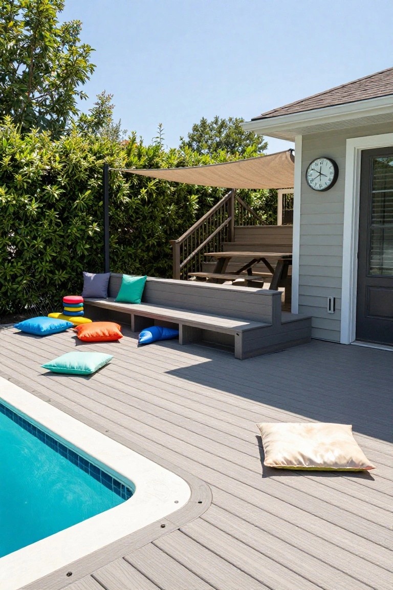 Modern backyard deck with pool, bench, colorful pillows, and shaded picnic table.