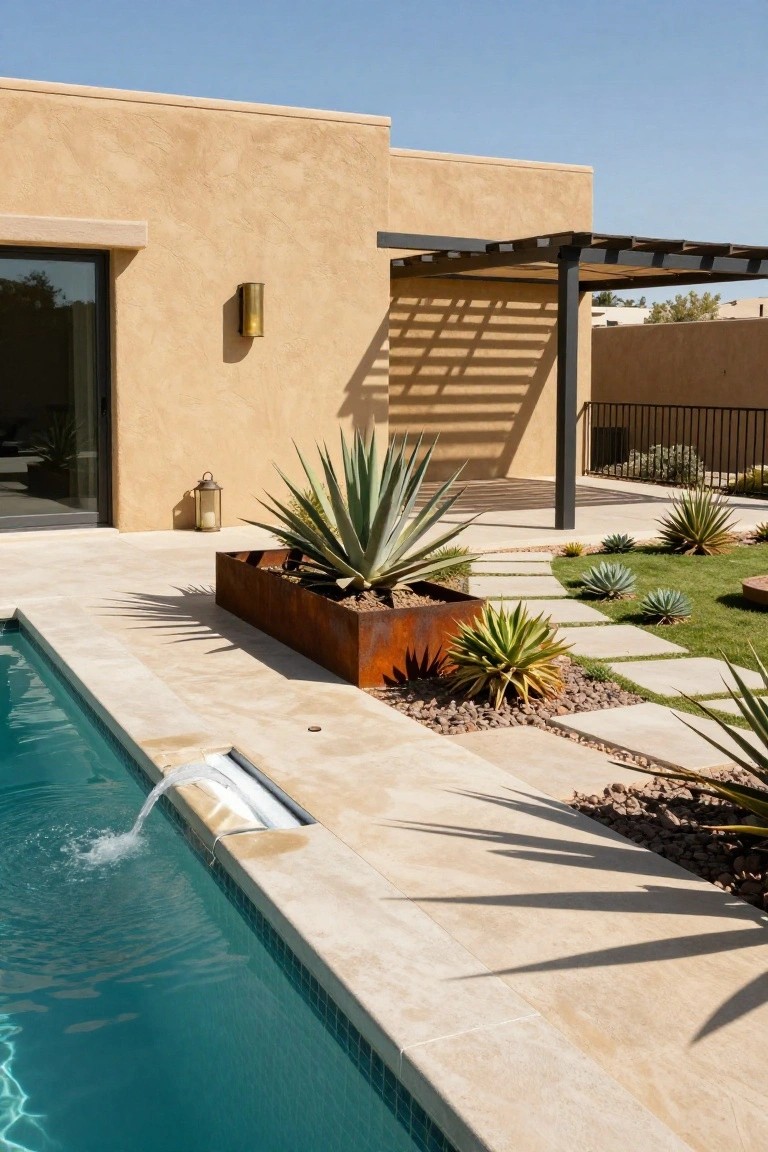 Beige stucco house exterior next to a turquoise pool with travertine decking, a corten steel planter box filled with agave plants along the pool edge, succulents in gravel beds, stepping stone path, and metal pergola overhead.