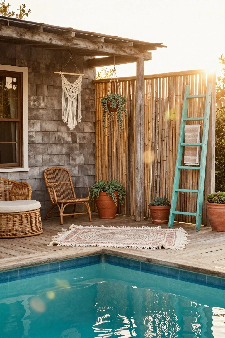 Wooden deck attached to corner of gray shingled house extends to blue above-ground pool, with rattan chairs, woven rug, terracotta pots of succulents, hanging plants, macrame wall hanging, bamboo privacy screen, and teal ladder with towel.