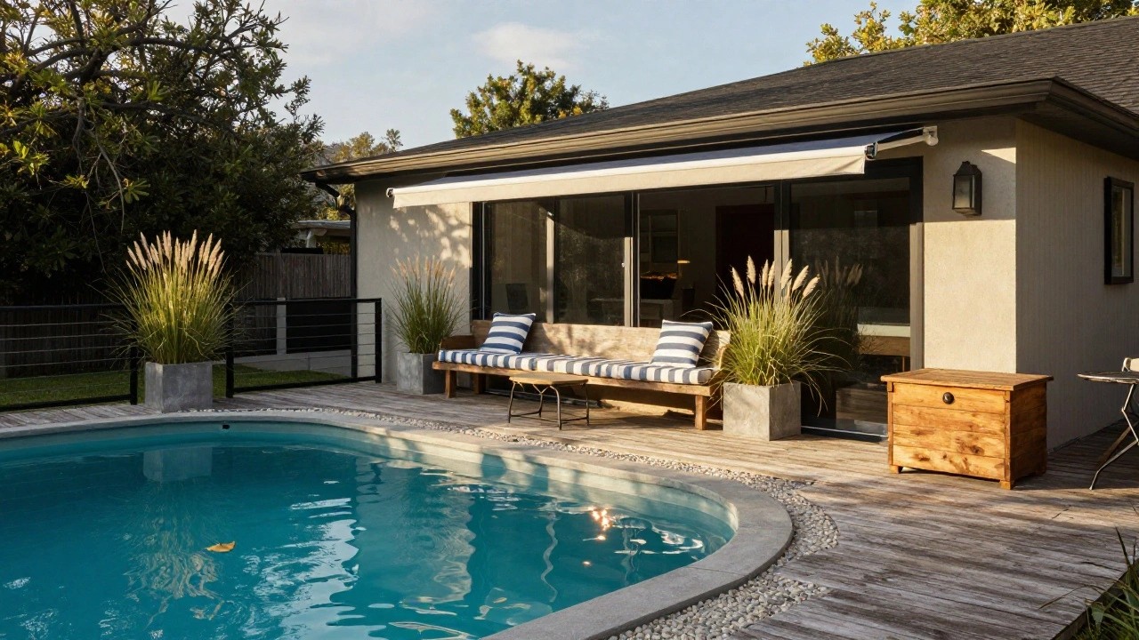 Curved wooden deck platform adjacent to a house patio and wrapping around a turquoise above-ground pool, with blue striped outdoor sofa, wooden storage box, pampas grass in concrete pot, small round table, and black metal railing.
