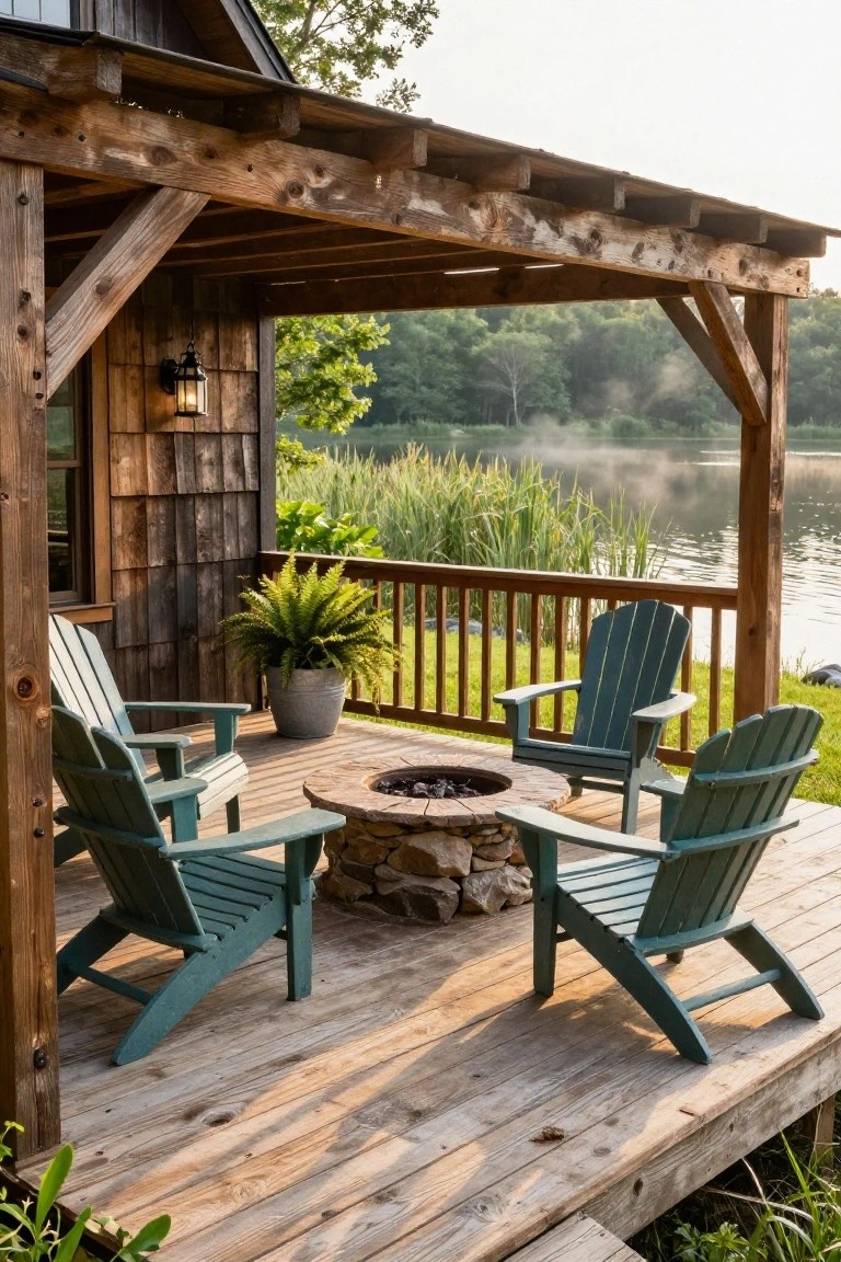 Wooden deck extending from a cabin under a covered porch, featuring four green Adirondack chairs arranged around a central stone fire pit, with a lake and greenery in the background.
