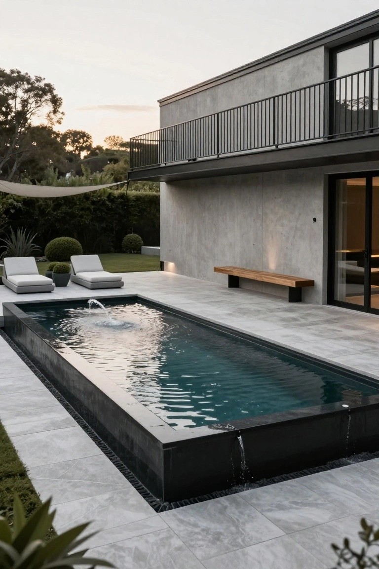 Rectangular lap pool with dark edging and fountain feature set into a light gray tiled deck adjacent to a modern gray stucco house wall with black-framed glass sliding doors, flanked by two white lounge chairs, potted plants, a wooden bench, hedges, and trees at dusk.