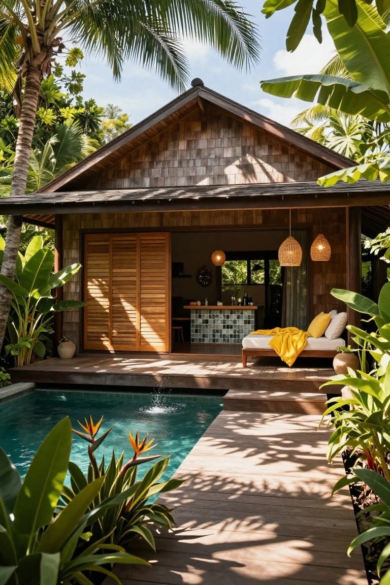 Wooden shingled bungalow with open louvered doors on a deck leading to a small turquoise above-ground pool with fountain, daybed, bar area, and tropical plants.