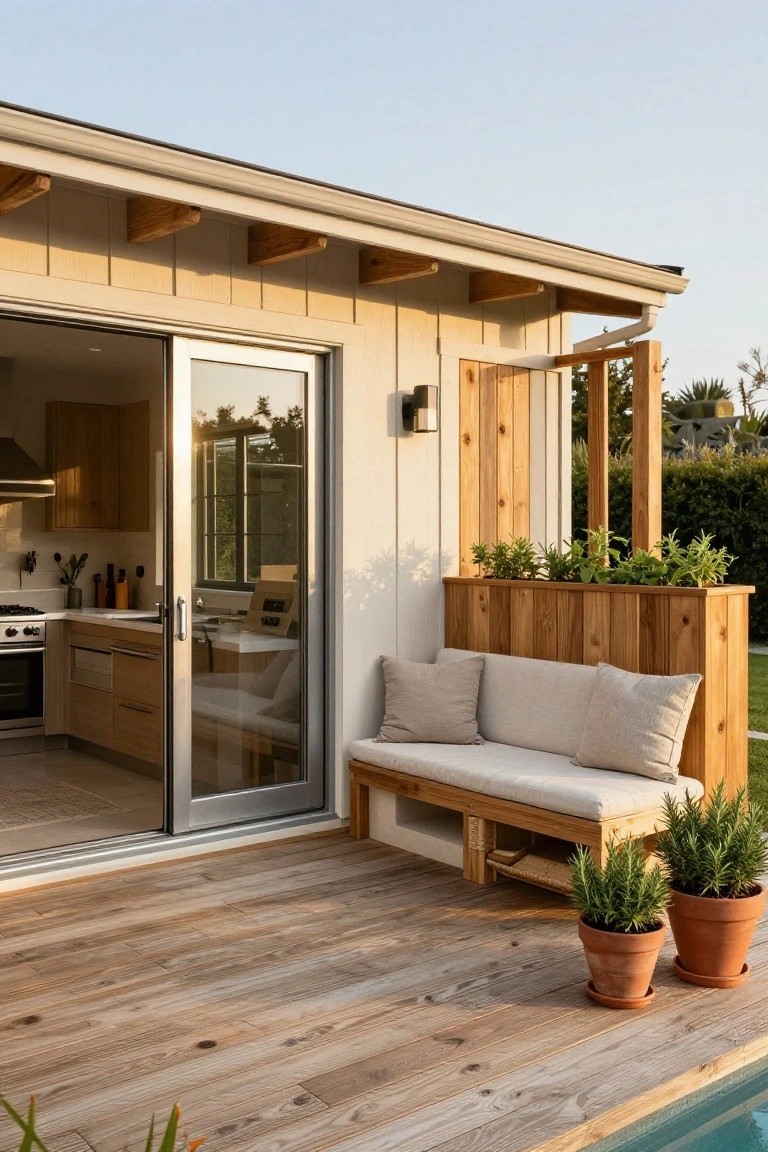 Wooden deck beside an above-ground pool with a cushioned bench built against a tall planter box containing herbs, next to open sliding glass doors from a house kitchen.