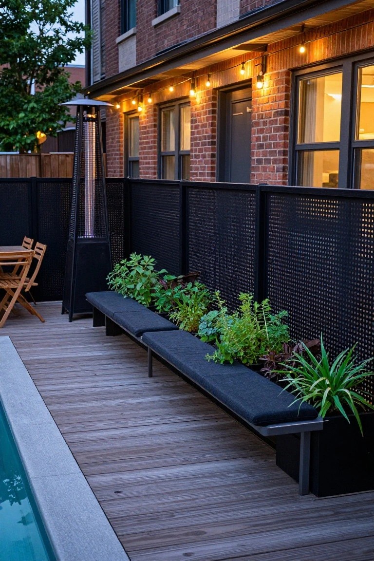 Wooden deck next to above-ground pool edged with black metal fence panels that integrate a long cushioned bench and planters filled with green plants, plus a patio heater, chairs, table, and string lights against a brick house wall.