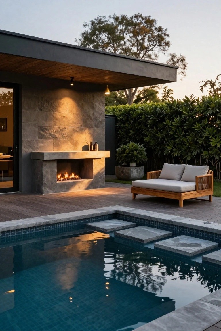 Wooden deck attached to a stone house wall with built-in linear fire pit, teak loveseat nearby, and above-ground pool featuring gray stone steps leading into blue-tiled water, hedges and trees in background at dusk.