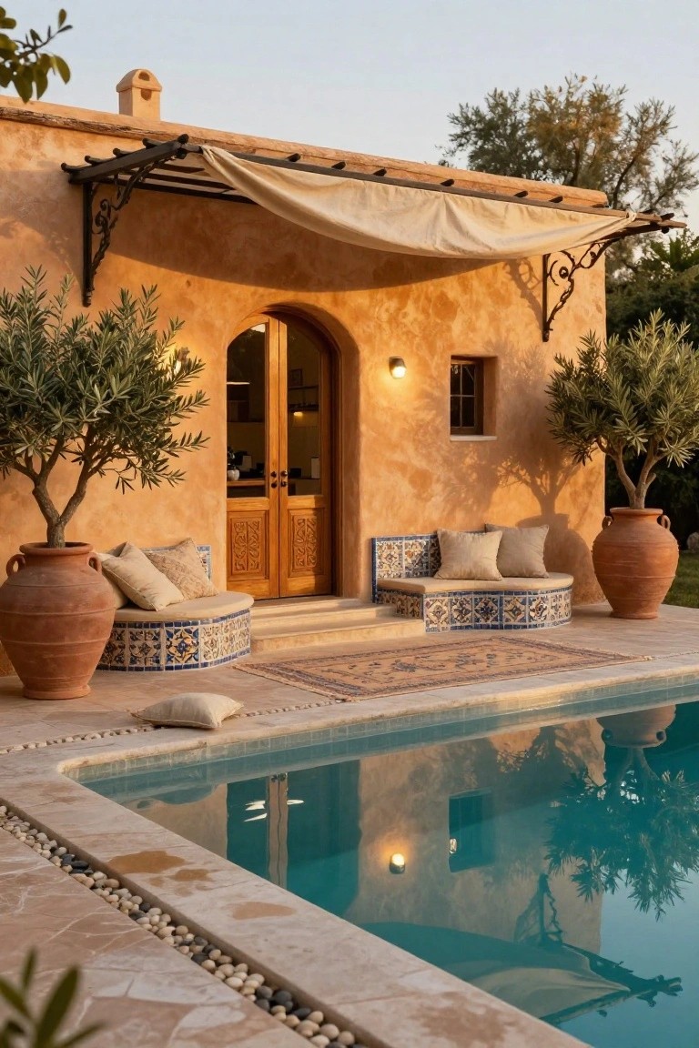 Terracotta-colored house exterior with arched wooden double doors, olive trees, large terracotta pots, curved tiled bench with beige cushions on pool deck next to turquoise pool edged in pebbles and stone pavers.