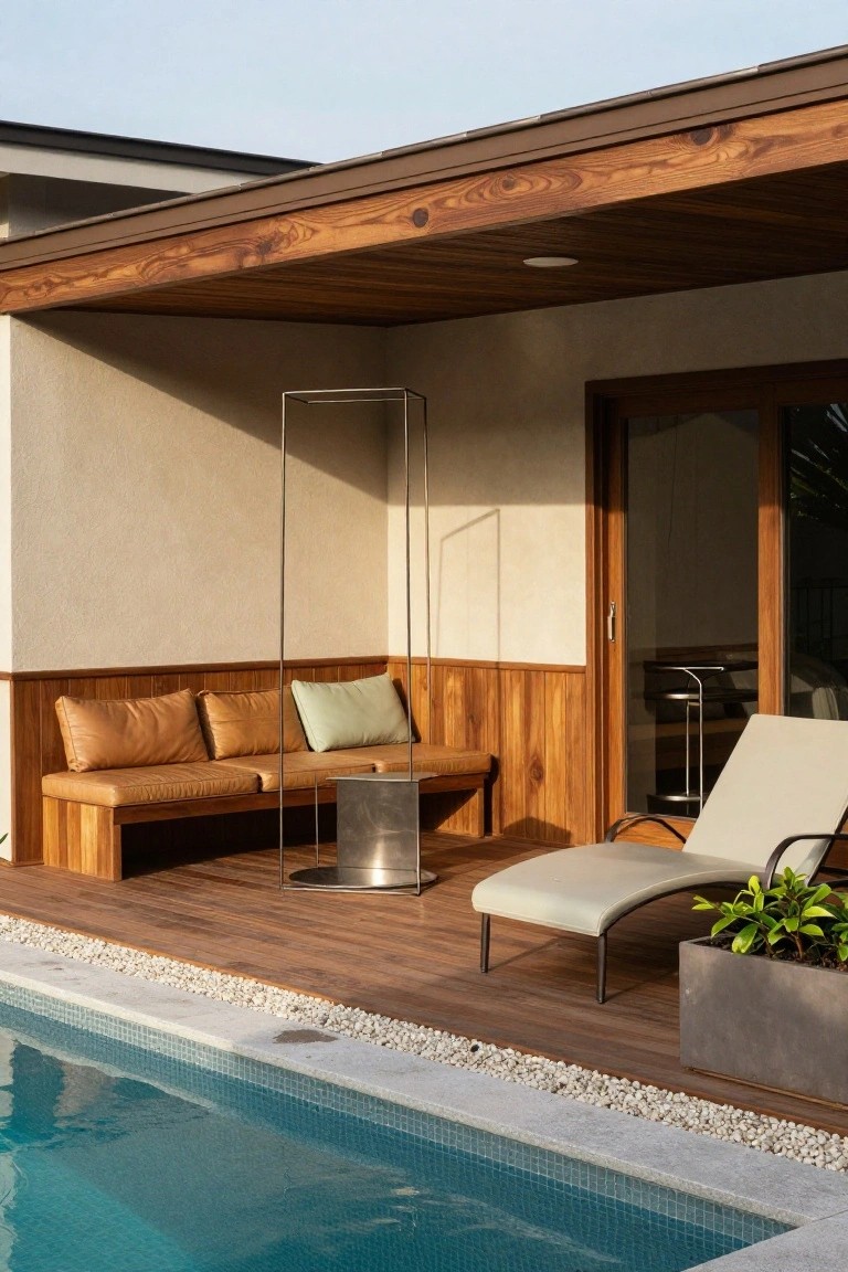 Wooden deck attached to beige house wall with built-in bench topped by tan and green cushions, metal side table, white lounge chair, potted plant, and edge of blue above-ground pool.