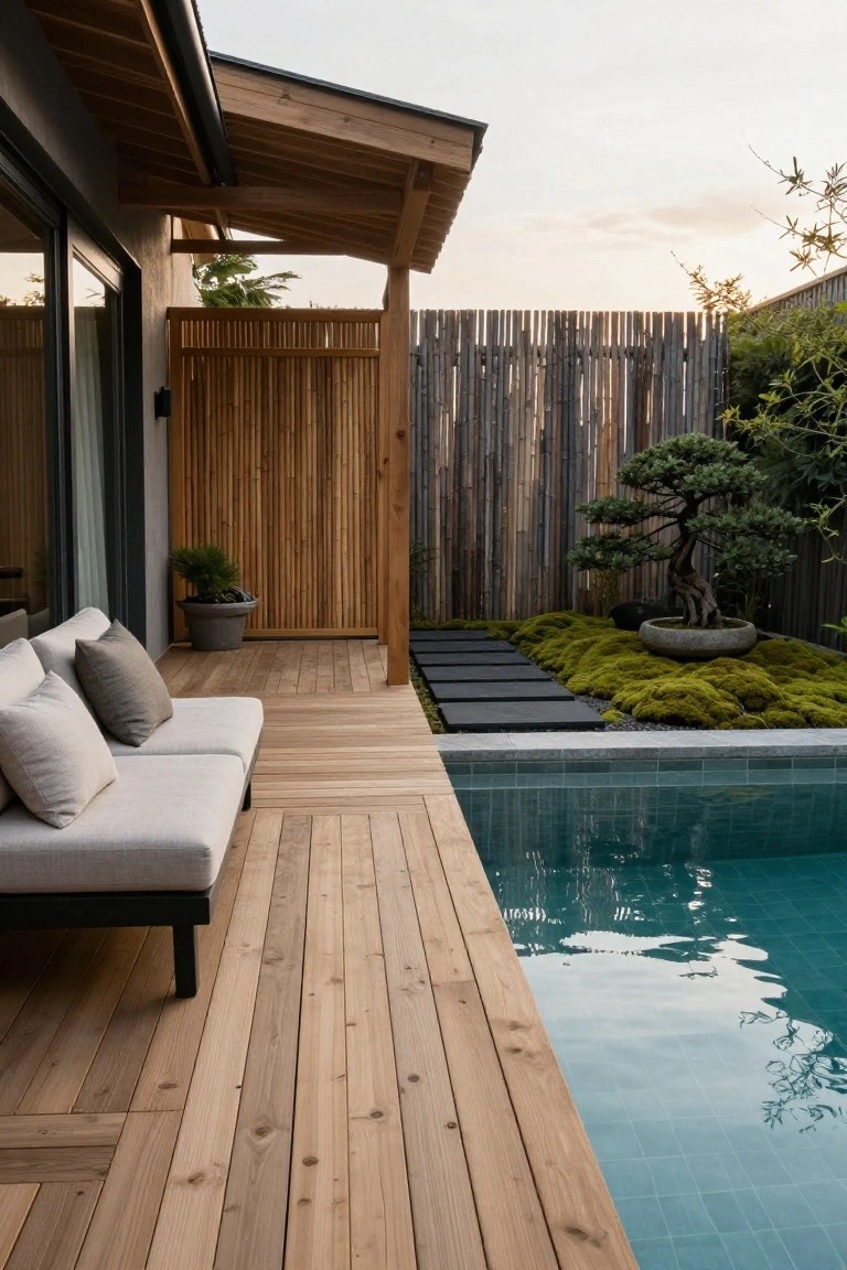 Wooden deck attached to a modern house with a light gray sofa, running alongside a turquoise-tiled above-ground pool, next to black stepping stones through a moss garden with bonsai tree.
