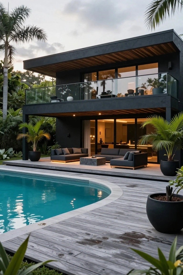 Two-story modern black house with large glass sliding doors opening onto a wooden deck with L-shaped gray sofa, black planters, and tropical plants, next to a curved turquoise in-ground pool.