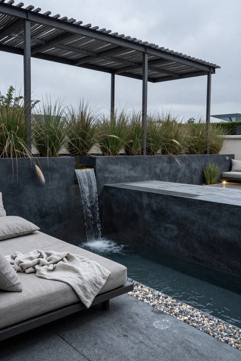 21 Stunning Modern Backyard Pool Ideas To Elevate Your Outdoor Space Narrow outdoor plunge pool with cascading waterfall from dark concrete wall, surrounded by tall grasses in planters, lounge chair with cushions and throw on adjacent concrete terrace under wooden pergola.