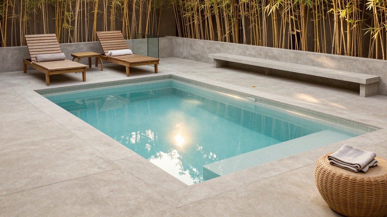 Narrow turquoise-tiled pool with smooth gray concrete decking and coping, tall green bamboo hedges along one side, wooden lounge chair nearby, and white towels in a woven basket on the deck.