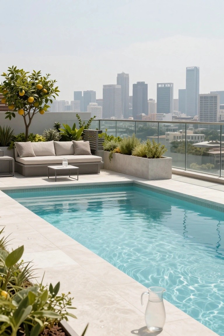 21 Stunning Modern Backyard Pool Ideas To Elevate Your Outdoor Space Rooftop terrace with rectangular turquoise pool, L-shaped beige sofa on tiled deck, potted lemon tree, large planters with greenery, glass railing, and distant city skyline.