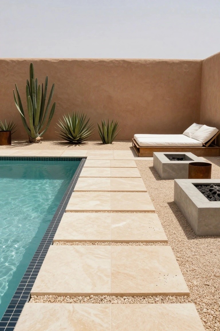 Pool with turquoise water and thin black mosaic tile border, edged by wide beige travertine pavers over gravel, flanked by concrete fire pits, a wooden daybed, potted cacti, and a tall tan adobe wall.