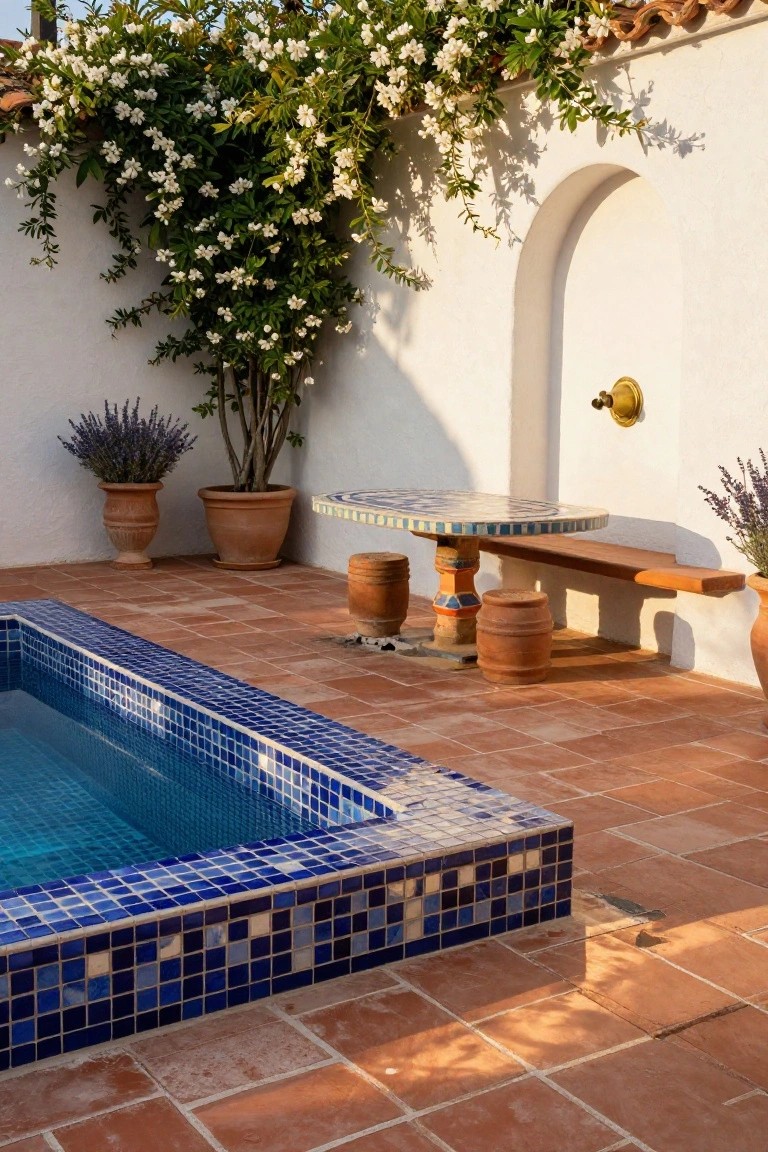 Small rectangular pool with blue mosaic tiled edges adjacent to terracotta tile patio, round mosaic-topped table with bench and terracotta stools, potted lavender plants, white stucco wall with arched niche and climbing white flowers.