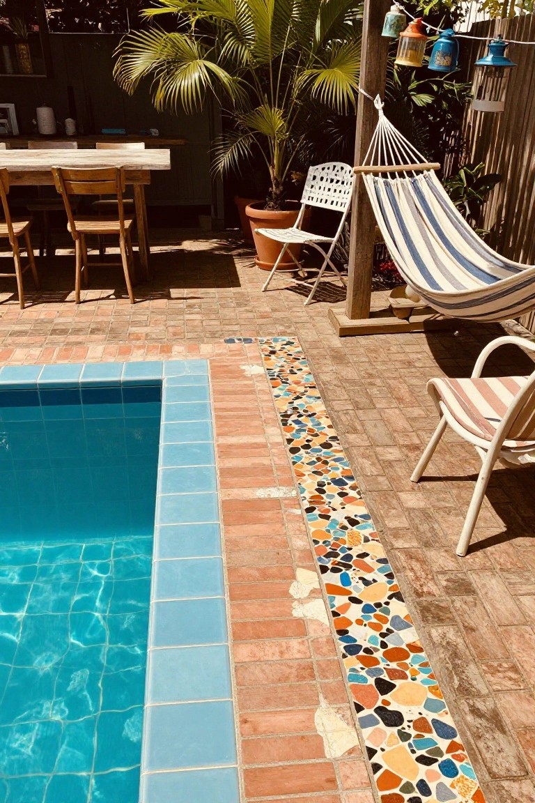 Backyard pool with blue tiled walls, a narrow border of colorful mosaic tiles along the brick-paved edge, nearby wooden table with chairs, white chair, hammock, potted plants, and hanging lanterns.