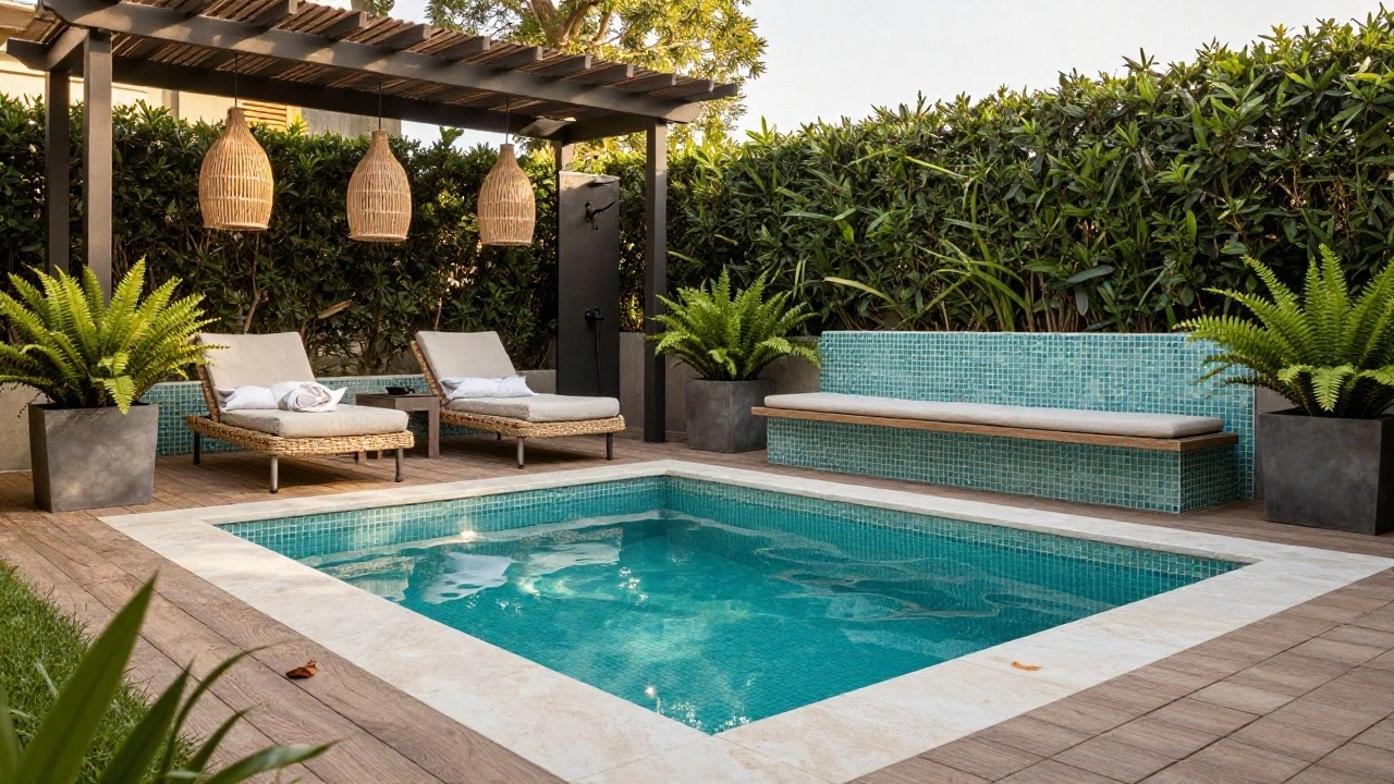 Small rectangular plunge pool lined with teal mosaic tiles, flanked by two white loungers on a stone deck, with potted ferns, tropical hedges, and a black pergola overhead.