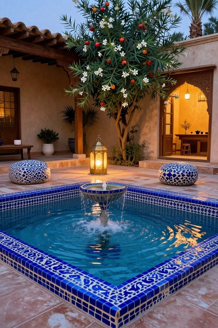 Small square courtyard pool with blue patterned tile borders and central fountain, flanked by blue poufs and brass lanterns on a tiled patio with trees, arches, and interior doorway in the background.