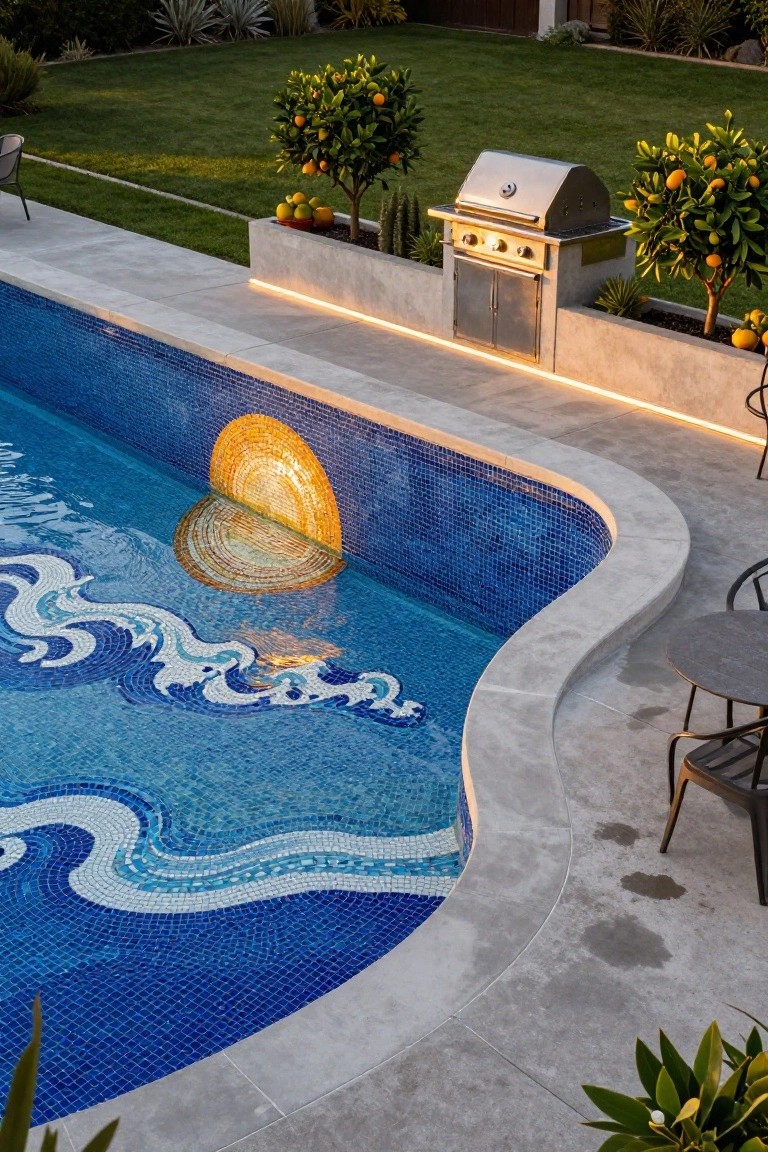 Curved backyard swimming pool with blue mosaic tiles featuring white waves and a golden sun design at the edge, next to a concrete deck with built-in stainless steel BBQ, planter boxes holding citrus trees, and metal outdoor chairs and table.