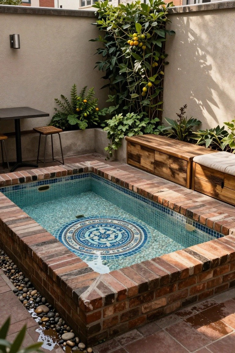 Small rectangular pool with turquoise water and central blue-and-white circular mosaic tile design on the bottom, surrounded by brick walls, wooden benches, potted plants, a metal table, and stools in a walled courtyard.