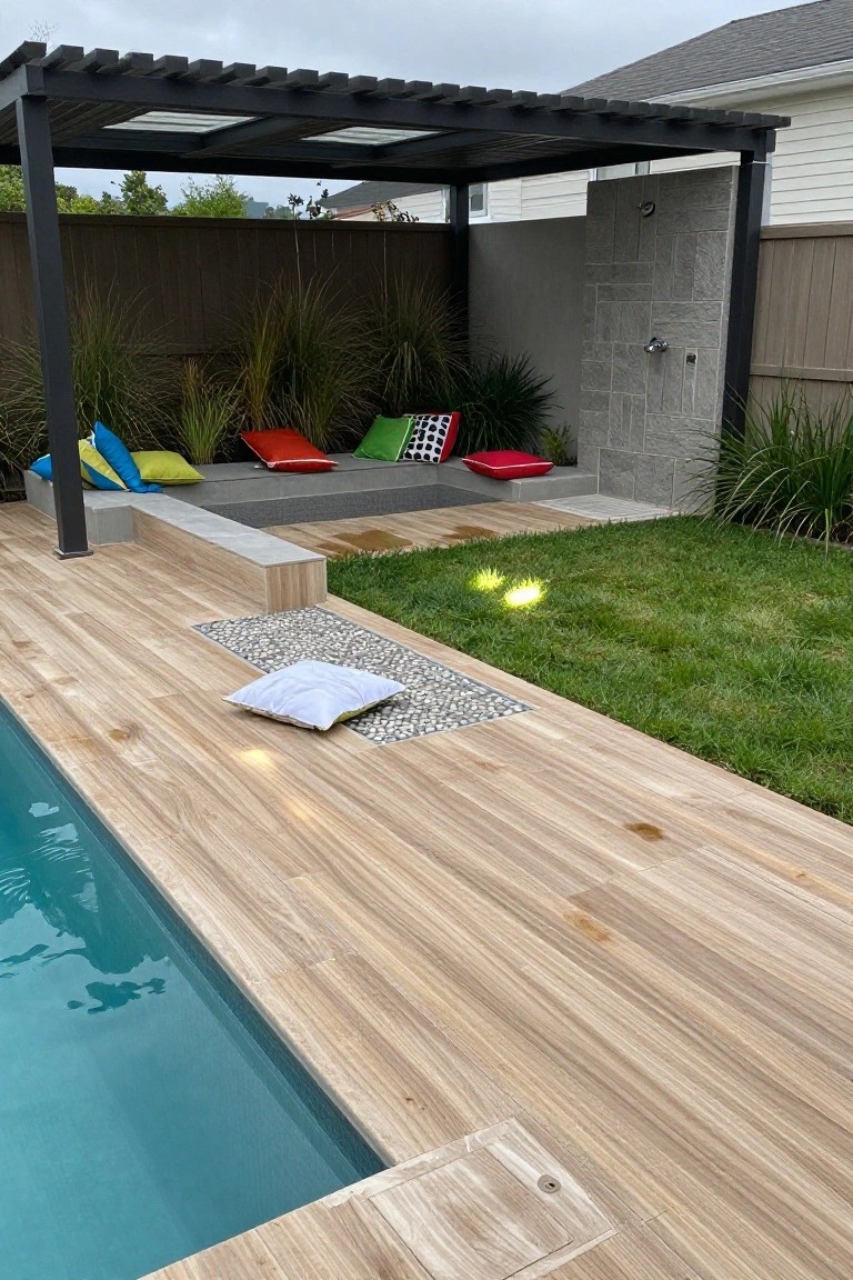 Backyard pool with turquoise water and wooden decking along the edge, adjacent stone tile wall outdoor shower enclosure with chrome showerhead, bench seating with colorful cushions under metal pergola, pebble ground cover with white pillow, grass lawn, and tall grasses.