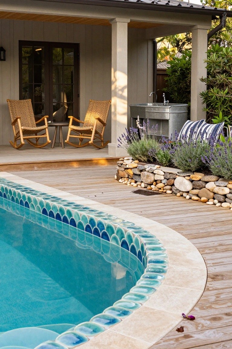 Backyard swimming pool with turquoise scalloped tile edge on a travertine coping, adjacent wooden deck, porch with wicker rocking chairs and side table, galvanized outdoor sink, lavender plants in stone-bordered bed, and porch behind.