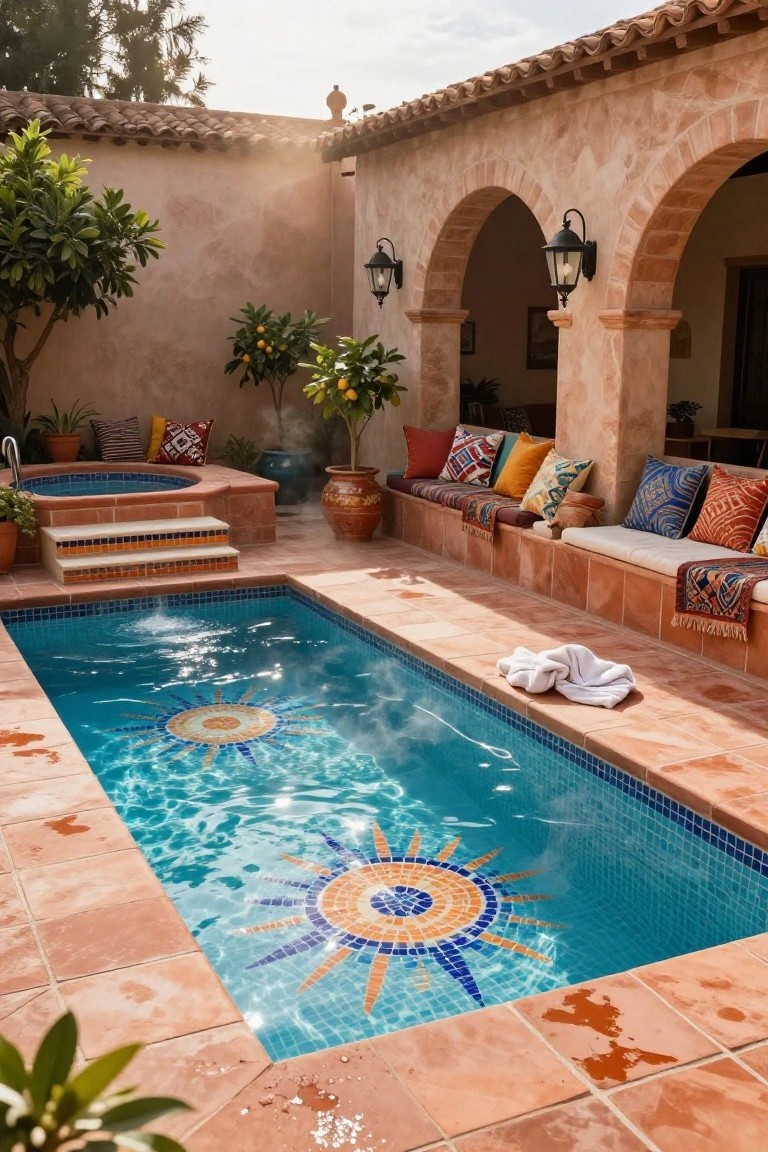 Rectangular turquoise pool with orange, yellow, and blue mosaic sun tile design on the bottom, terracotta tile decking, adjacent hot tub, built-in benches with colorful cushions and rugs, potted plants, and arched stucco architecture.