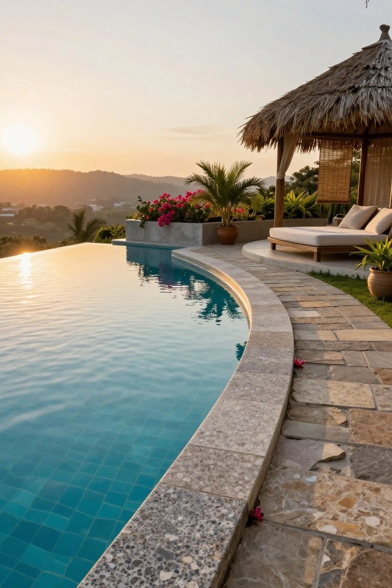 Infinity-edge swimming pool with turquoise mosaic tile interior and light stone coping along the curved edge, next to a thatched pavilion with cushioned daybed, surrounded by potted plants and overlooking hills at sunset.