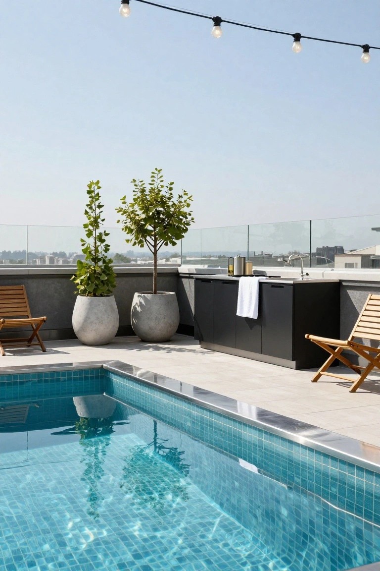 Rooftop terrace with a rectangular infinity-edge pool lined in bright turquoise mosaic tiles, flanked by large white ceramic pots with trees, wooden folding chairs, a black outdoor kitchen cabinet with sink, and glass railing overlooking a cityscape.
