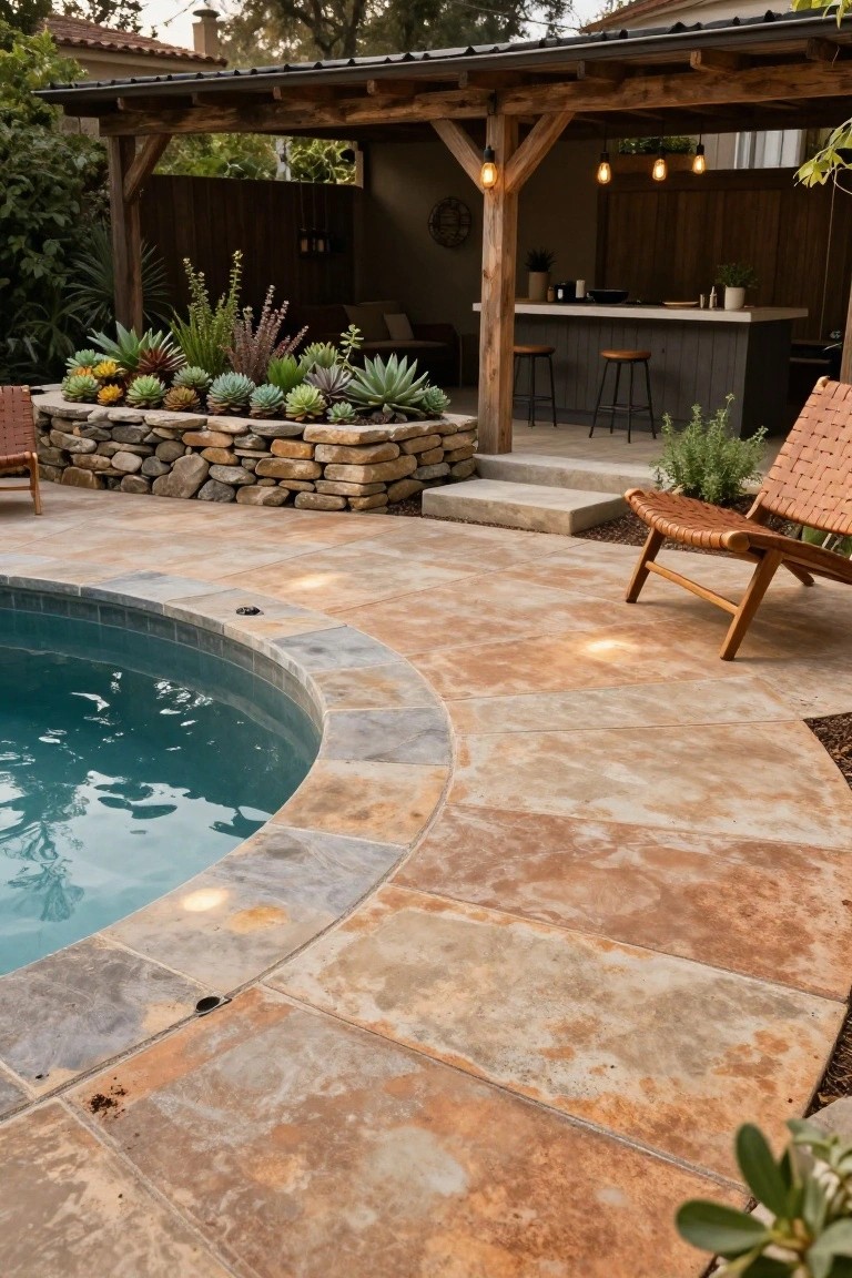Curved turquoise pool edged in dark blue tiles and surrounded by textured beige travertine deck tiles, with a stone wall of succulents, wooden pergola bar area with stools, and leather lounge chairs on a patio.