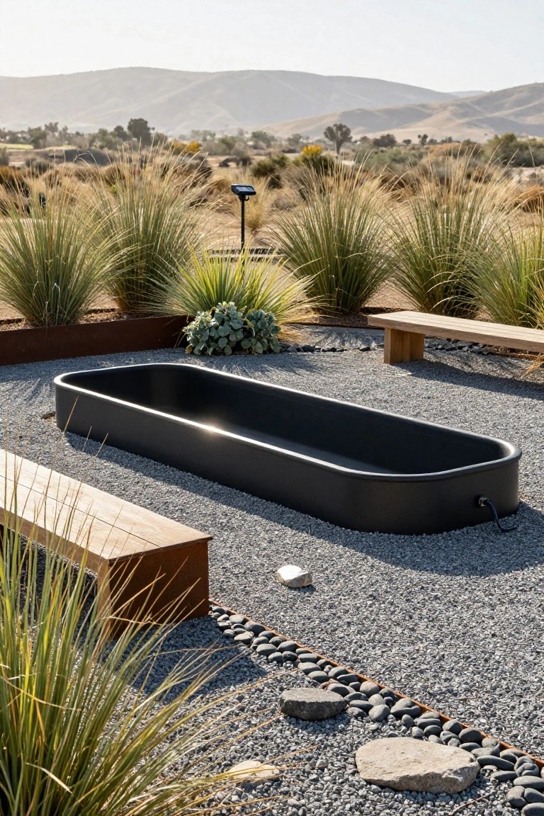 21 Stylish Poly Stock Tank Pool Ideas For A Smooth Setup A rectangular black stock tank pool embedded in a gravel courtyard surrounded by tall grasses, wooden benches, metal edging, and desert landscape with mountains in the background.