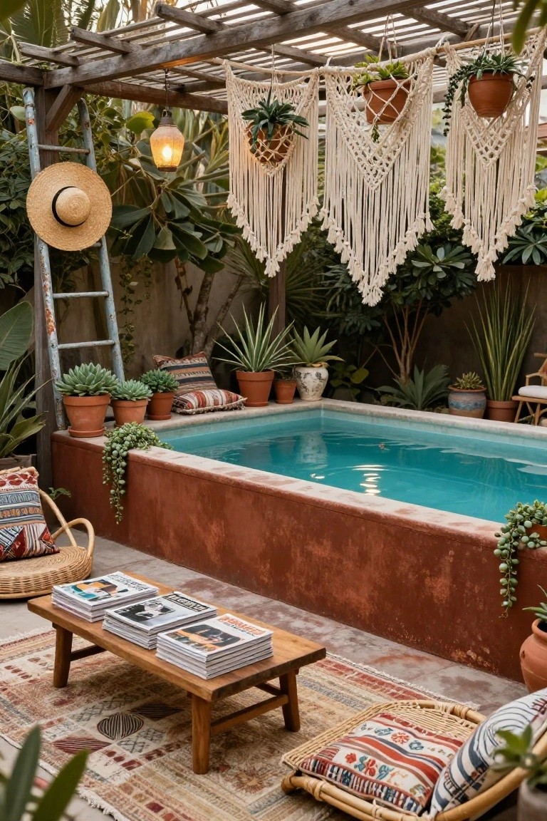 21 Stylish Poly Stock Tank Pool Ideas For A Smooth Setup Small turquoise stock tank pool with red terracotta walls and edge plants in an outdoor patio under wooden pergola with macrame plant hangings, surrounded by potted succulents, woven chairs, low wooden coffee table, and patterned rug.