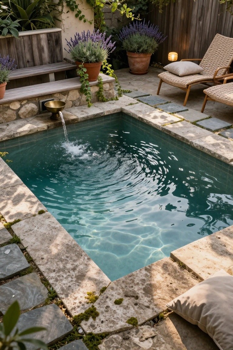 21 Stylish Poly Stock Tank Pool Ideas For A Smooth Setup Small rectangular turquoise pool in a stone-decked courtyard with water cascading from a brass bowl fountain, surrounded by potted lavender plants, woven loungers, cushions, and climbing vines against a wooden fence.
