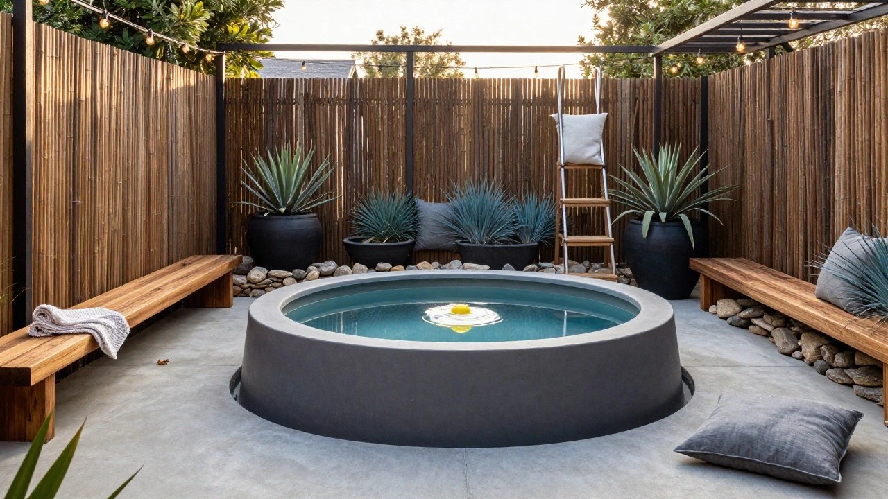 Circular turquoise stock tank pool set into a concrete patio with a wooden A-frame ladder, long wooden bench, folded towels, potted agave plants, cushions on a built-in seat, and a metal-roofed pergola overhead.