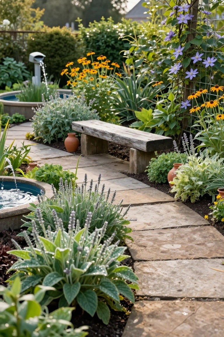 21 Stylish Poly Stock Tank Pool Ideas For A Smooth Setup Winding flagstone path lined with lavender, hostas, black-eyed Susans, and other perennials beside a rustic wooden bench and small circular stone-rimmed pool with fountain in a lush garden.