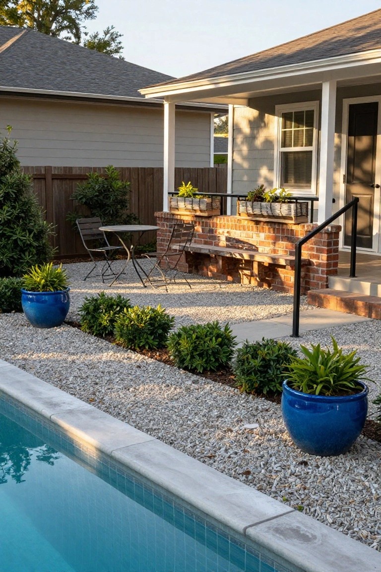 21 Stylish Poly Stock Tank Pool Ideas For A Smooth Setup Backyard stock tank pool with blue water, surrounded by pea gravel ground cover, blue ceramic pots holding plants, boxwood shrubs, a metal bistro table and chairs, and brick steps to a covered porch on a gray house.