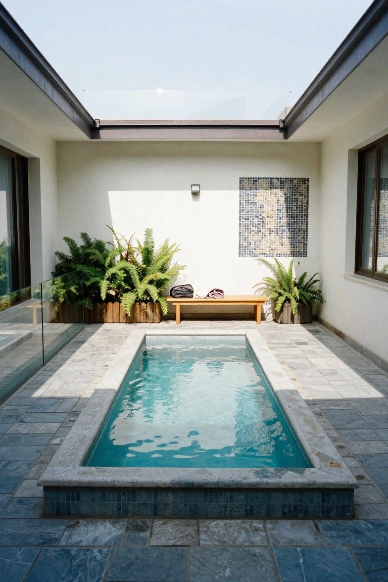 21 Stylish Poly Stock Tank Pool Ideas For A Smooth Setup Small rectangular turquoise pool in a white-walled courtyard with wooden bench, towels, black bag, and potted ferns on stone paving under open skylight.