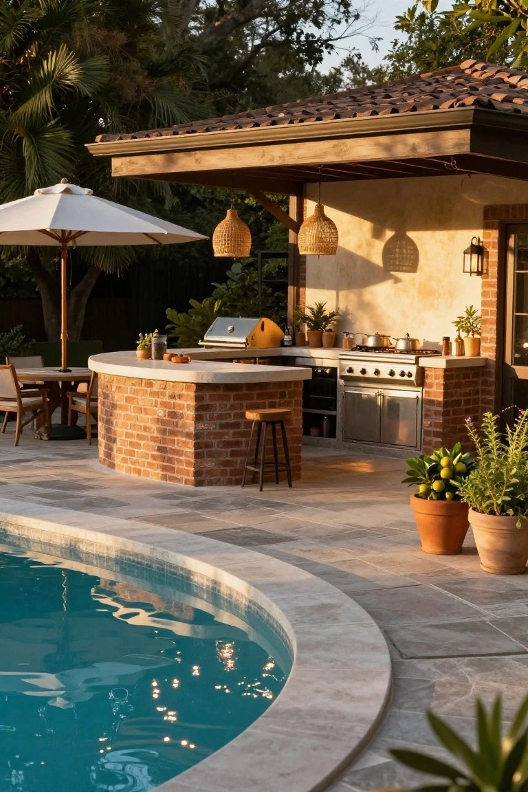 21 Stylish Poly Stock Tank Pool Ideas For A Smooth Setup Curved brick outdoor bar and kitchen with stainless steel grill, potted plants, stools, and adjacent turquoise pool on a tiled patio with surrounding greenery and trees.