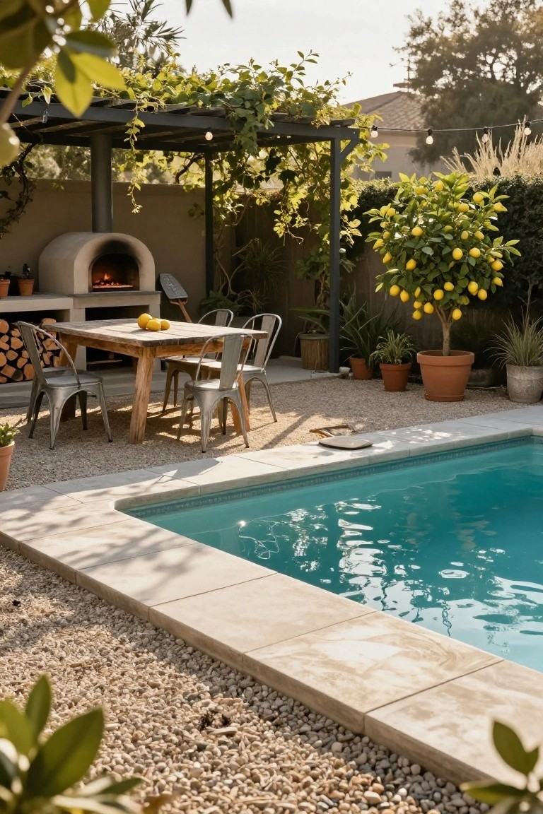 21 Stylish Poly Stock Tank Pool Ideas For A Smooth Setup Turquoise rectangular pool edged in tile and surrounded by white pebbles, next to a rustic wooden dining table with metal chairs, lemons on table, stucco wood-fired pizza oven with fire inside, vine-covered metal pergola overhead, potted plants including lemon tree and gravel ground.