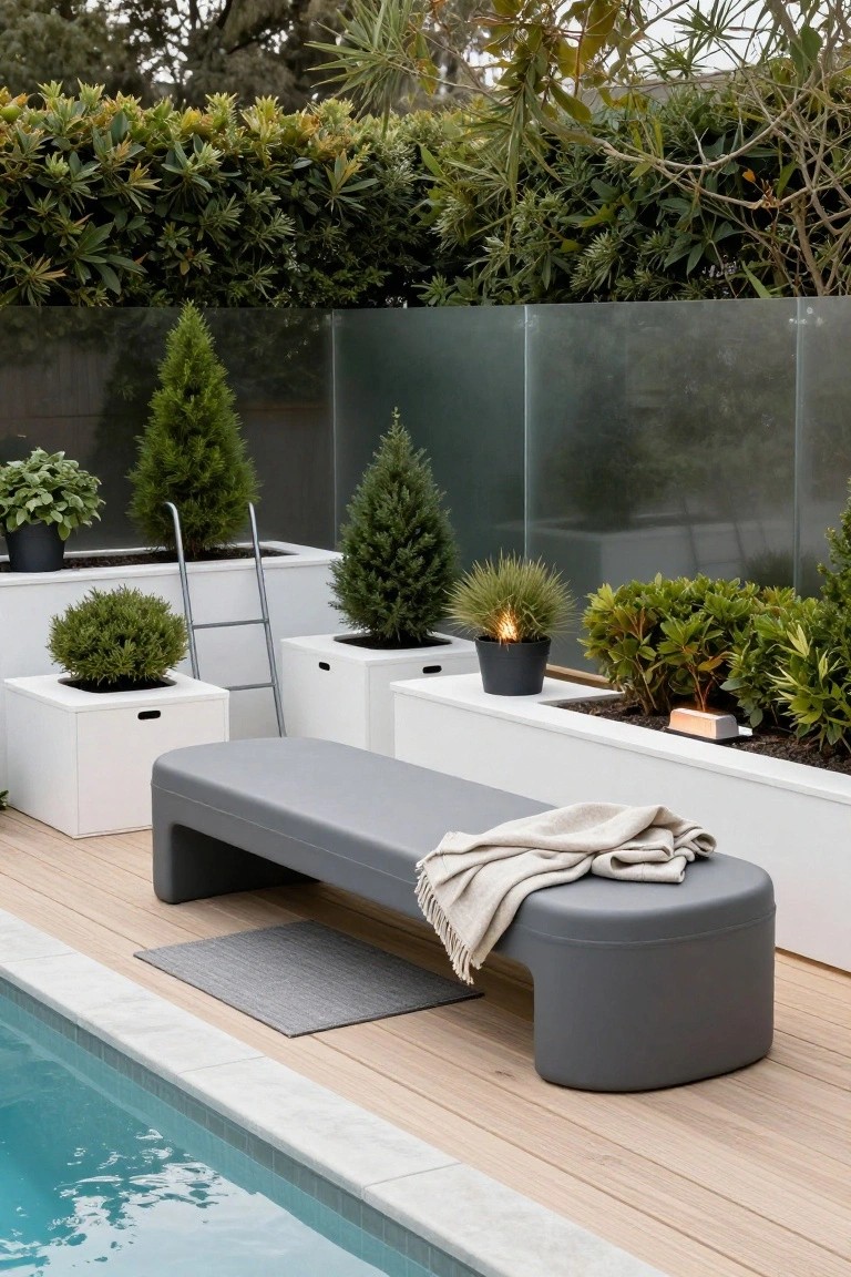 21 Stylish Poly Stock Tank Pool Ideas For A Smooth Setup Gray curved bench with beige throw blanket on wooden deck beside a small tiled pool, surrounded by white planters with shrubs, conifers, and a glass privacy fence.