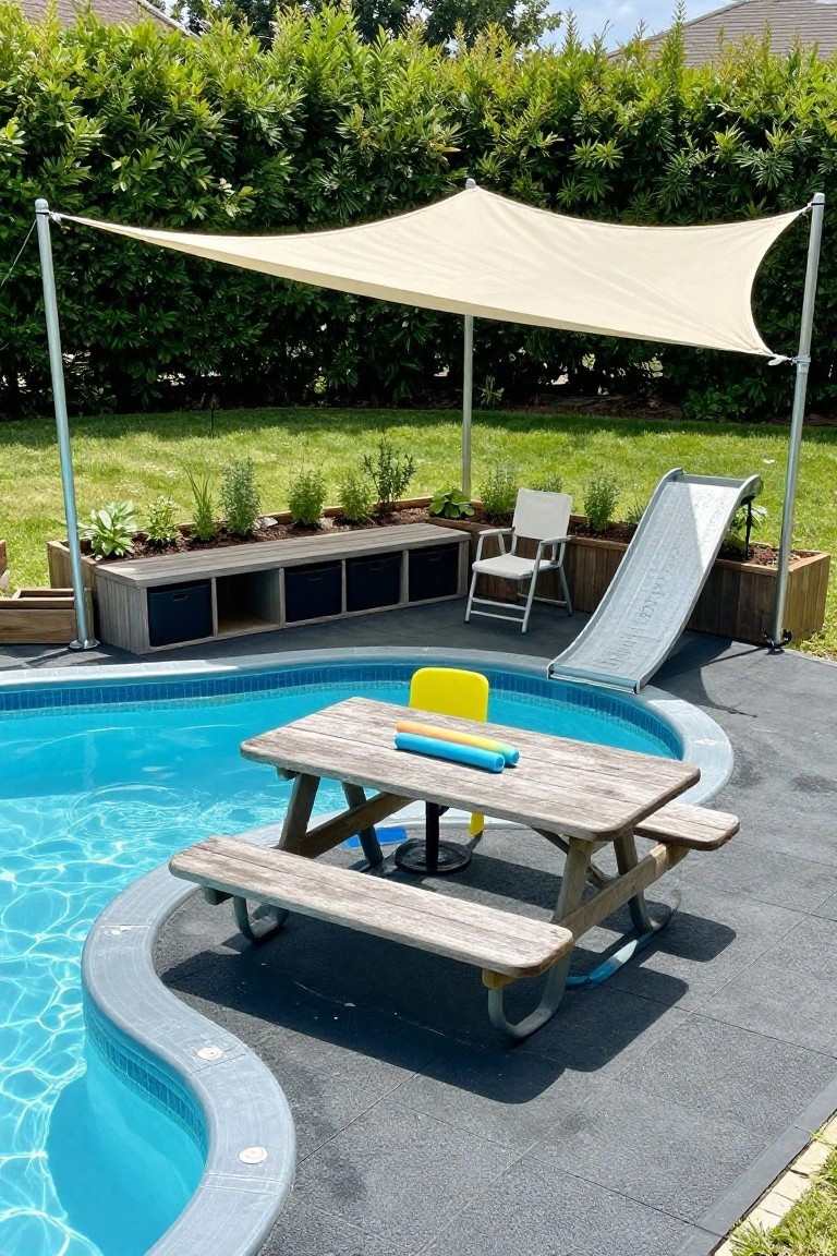 21 Stylish Poly Stock Tank Pool Ideas For A Smooth Setup Round blue stock tank pool with curved edge, metal slide attached to one side, weathered wooden picnic table positioned next to it with colorful pool noodles on top, yellow plastic chair nearby, beige shade sail overhead, potted plants and garden boxes around the black paver patio, green yard and hedge in background.