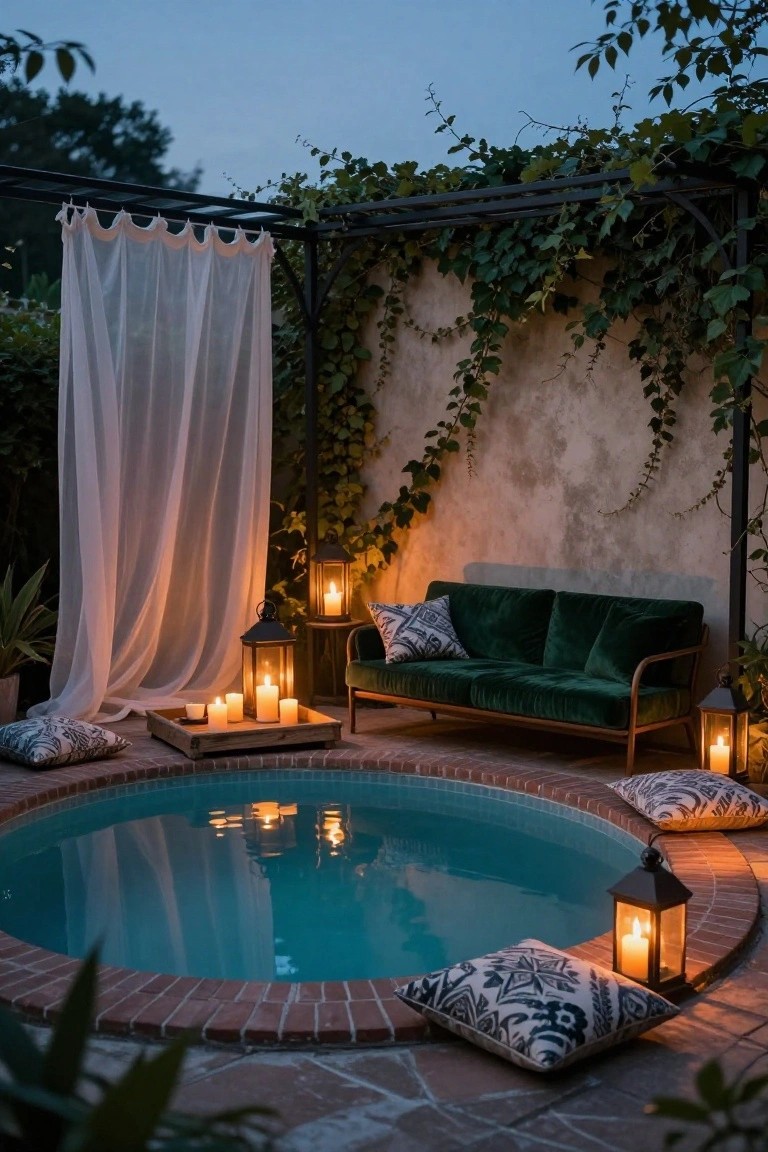 21 Stylish Poly Stock Tank Pool Ideas For A Smooth Setup Round turquoise stock tank pool on a brick patio edged with pillows, next to a green velvet sofa under sheer white curtains on an ivy-covered metal frame, with multiple lanterns and candles at dusk.