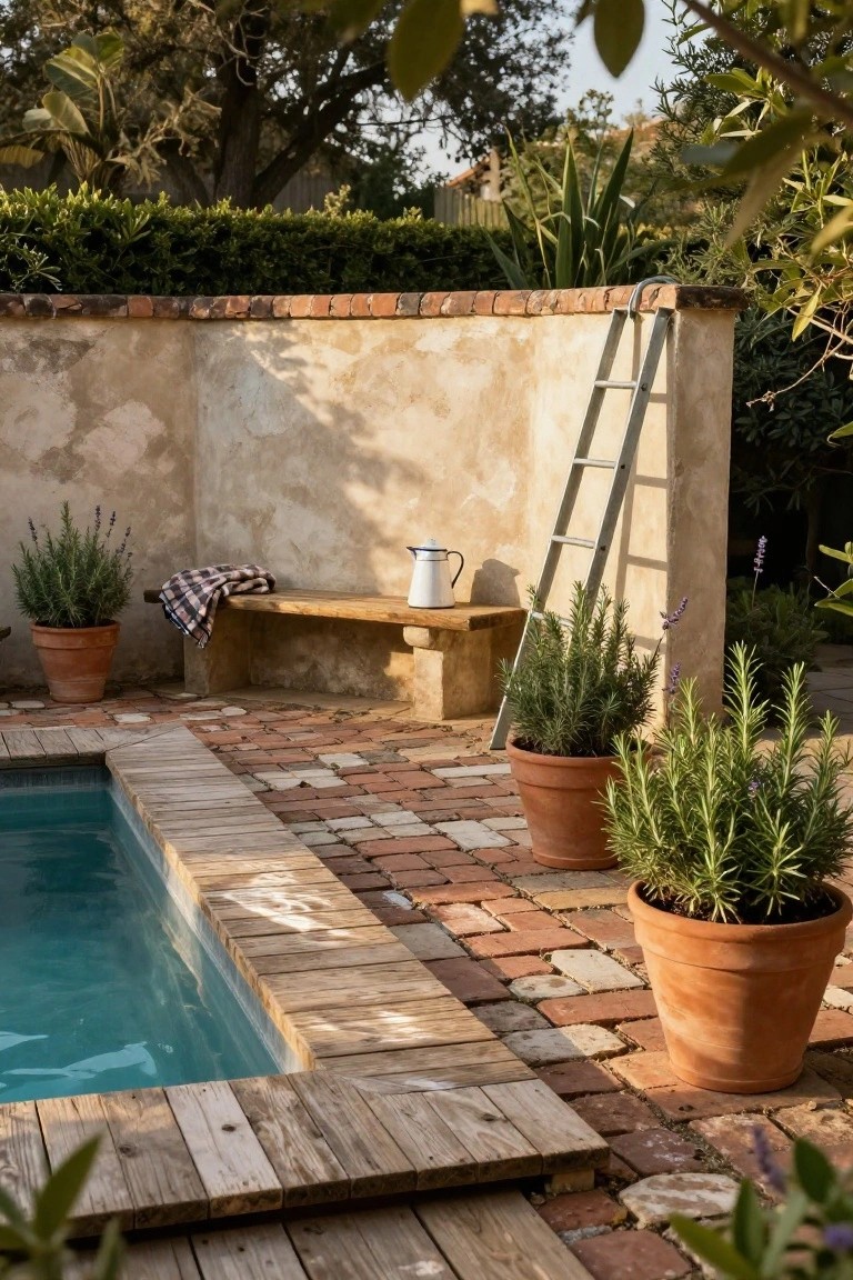 21 Stylish Poly Stock Tank Pool Ideas For A Smooth Setup Small turquoise pool with wooden deck edging and brick patio nearby, wooden bench with checkered blanket and white metal jug, potted lavender and rosemary plants, aluminum ladder leaning against stucco wall, surrounded by greenery.