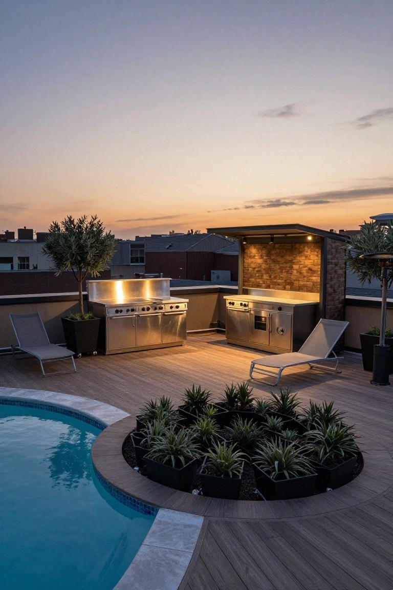 21 Stylish Poly Stock Tank Pool Ideas For A Smooth Setup Rooftop terrace at dusk with curved blue mosaic pool edged by potted plants on wood decking, two stainless steel BBQ units, lounge chairs, olive trees, and city buildings in background.
